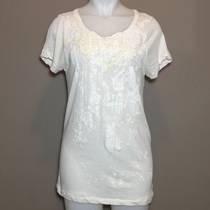 J Crew Off White Beaded Embellished Tee Sz L